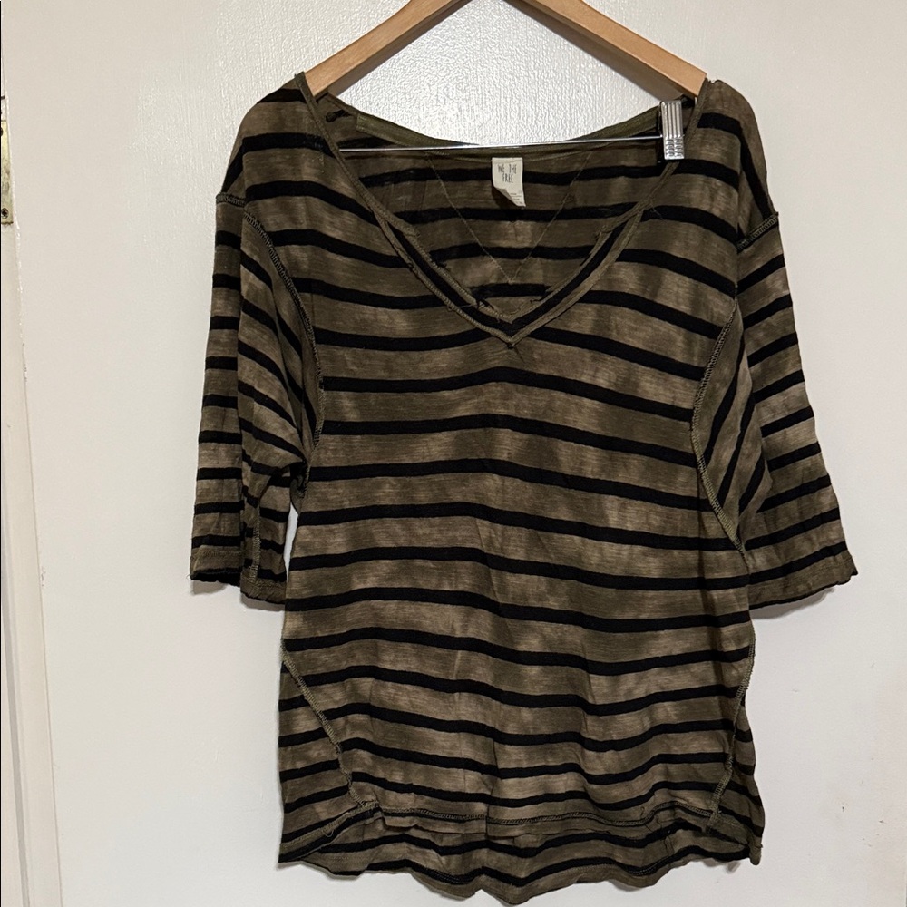 We The Free Olive and Black Striped V-Neck Tee sz S